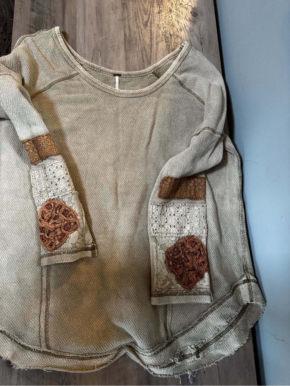 Free People Olive Green Knit Sweater with Embroidered Elbow Details - Picture 7 of 7